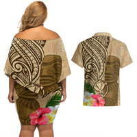 Hawaii Kanaloa Tiki Couples Matching Off Shoulder Short Dress and Hawaiian Shirt Polynesian Tattoo and Tapa Pattern LT03 - Polynesian Pride