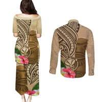 Hawaii Kanaloa Tiki Couples Matching Puletasi and Long Sleeve Button Shirt Polynesian Tattoo and Tapa Pattern