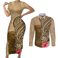 Hawaii Kanaloa Tiki Couples Matching Short Sleeve Bodycon Dress and Long Sleeve Button Shirt Polynesian Tattoo and Tapa Pattern