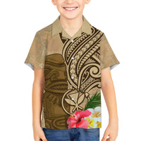 Hawaii Kanaloa Tiki Family Matching Off Shoulder Short Dress and Hawaiian Shirt Polynesian Tattoo and Tapa Pattern LT03 Son's Shirt Beige - Polynesian Pride