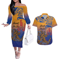 Hawaiki Nui Va'a Solo French Polynesia Couples Matching Off The Shoulder Long Sleeve Dress and Hawaiian Shirt Sunset Color LT03 Yellow - Polynesian Pride