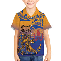 Hawaiki Nui Va'a Solo French Polynesia Family Matching Off Shoulder Short Dress and Hawaiian Shirt Sunset Color LT03 Son's Shirt Yellow - Polynesian Pride