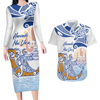 Hawaiki Nui Va'a Solo French Polynesia Couples Matching Long Sleeve Bodycon Dress and Hawaiian Shirt Blue Color LT03 Blue - Polynesian Pride