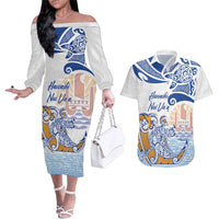 Hawaiki Nui Va'a Solo French Polynesia Couples Matching Off The Shoulder Long Sleeve Dress and Hawaiian Shirt Blue Color LT03 Blue - Polynesian Pride