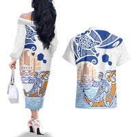 Hawaiki Nui Va'a Solo French Polynesia Couples Matching Off The Shoulder Long Sleeve Dress and Hawaiian Shirt Blue Color LT03 - Polynesian Pride