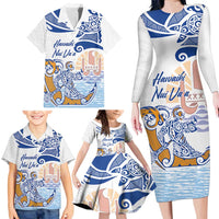 Hawaiki Nui Va'a Solo French Polynesia Family Matching Long Sleeve Bodycon Dress and Hawaiian Shirt Blue Color LT03 - Polynesian Pride