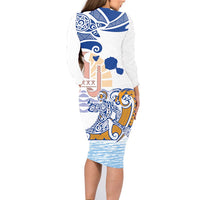Hawaiki Nui Va'a Solo French Polynesia Family Matching Long Sleeve Bodycon Dress and Hawaiian Shirt Blue Color LT03 - Polynesian Pride