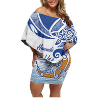 Hawaiki Nui Va'a Solo French Polynesia Family Matching Off Shoulder Short Dress and Hawaiian Shirt Blue Color LT03 Mom's Dress Blue - Polynesian Pride