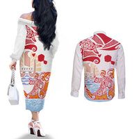 Hawaiki Nui Va'a Solo French Polynesia Couples Matching Off The Shoulder Long Sleeve Dress and Long Sleeve Button Shirt Red Color