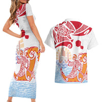 Hawaiki Nui Va'a Solo French Polynesia Couples Matching Short Sleeve Bodycon Dress and Hawaiian Shirt Red Color LT03 - Polynesian Pride