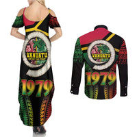 Vanuatu Constitution Day Couples Matching Summer Maxi Dress and Long Sleeve Button Shirt Polynesian Tattoo and Pig Tusk Since 1979