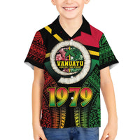 Vanuatu Constitution Day Family Matching Off The Shoulder Long Sleeve Dress and Hawaiian Shirt Polynesian Tattoo and Pig Tusk Since 1979 LT03 Son's Shirt Black - Polynesian Pride