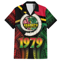 Vanuatu Constitution Day Family Matching Off Shoulder Short Dress and Hawaiian Shirt Polynesian Tattoo and Pig Tusk Since 1979 LT03 Dad's Shirt - Short Sleeve Black - Polynesian Pride