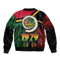 Vanuatu Constitution Day Sleeve Zip Bomber Jacket Polynesian Tattoo and Pig Tusk Since 1979