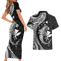 Aloha Hawaii Hammerhead Shark Couples Matching Short Sleeve Bodycon Dress and Hawaiian Shirt Black Kakau and Polynesian Tattoo LT03 - Polynesian Pride
