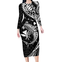 Aloha Hawaii Hammerhead Shark Family Matching Long Sleeve Bodycon Dress and Hawaiian Shirt Black Kakau and Polynesian Tattoo LT03 Mom's Dress Black - Polynesian Pride