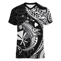 Aloha Hawaii Hammerhead Shark Women V-Neck T-Shirt Black Kakau and Polynesian Tattoo LT03