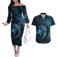 Aloha Hawaii Hammerhead Shark Couples Matching Off The Shoulder Long Sleeve Dress and Hawaiian Shirt Blue Kakau and Polynesian Tattoo LT03 Blue - Polynesian Pride