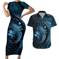 Aloha Hawaii Hammerhead Shark Couples Matching Short Sleeve Bodycon Dress and Hawaiian Shirt Blue Kakau and Polynesian Tattoo LT03 Blue - Polynesian Pride