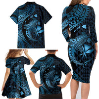 Aloha Hawaii Hammerhead Shark Family Matching Long Sleeve Bodycon Dress and Hawaiian Shirt Blue Kakau and Polynesian Tattoo LT03 - Polynesian Pride