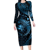 Aloha Hawaii Hammerhead Shark Family Matching Long Sleeve Bodycon Dress and Hawaiian Shirt Blue Kakau and Polynesian Tattoo LT03 Mom's Dress Blue - Polynesian Pride