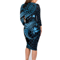 Aloha Hawaii Hammerhead Shark Family Matching Long Sleeve Bodycon Dress and Hawaiian Shirt Blue Kakau and Polynesian Tattoo LT03 - Polynesian Pride