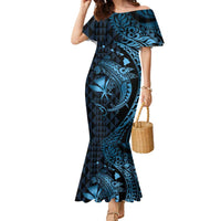 Aloha Hawaii Hammerhead Shark Family Matching Mermaid Dress and Hawaiian Shirt Blue Kakau and Polynesian Tattoo LT03 Mom's Dress Blue - Polynesian Pride