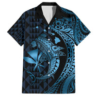 Aloha Hawaii Hammerhead Shark Family Matching Off The Shoulder Long Sleeve Dress and Hawaiian Shirt Blue Kakau and Polynesian Tattoo LT03 Dad's Shirt - Short Sleeve Blue - Polynesian Pride