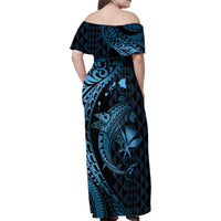 Aloha Hawaii Hammerhead Shark Family Matching Off Shoulder Maxi Dress and Hawaiian Shirt Blue Kakau and Polynesian Tattoo LT03 - Polynesian Pride