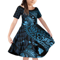 Aloha Hawaii Hammerhead Shark Family Matching Off Shoulder Short Dress and Hawaiian Shirt Blue Kakau and Polynesian Tattoo LT03 Daughter's Dress Blue - Polynesian Pride