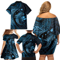 Aloha Hawaii Hammerhead Shark Family Matching Off Shoulder Short Dress and Hawaiian Shirt Blue Kakau and Polynesian Tattoo LT03 - Polynesian Pride