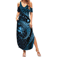Aloha Hawaii Hammerhead Shark Family Matching Summer Maxi Dress and Hawaiian Shirt Blue Kakau and Polynesian Tattoo LT03 Mom's Dress Blue - Polynesian Pride