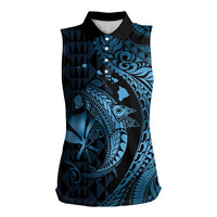 Aloha Hawaii Hammerhead Shark Women Sleeveless Polo Shirt Blue Kakau and Polynesian Tattoo LT03