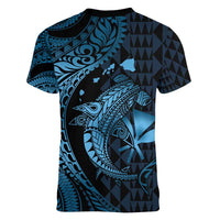 Aloha Hawaii Hammerhead Shark Women V-Neck T-Shirt Blue Kakau and Polynesian Tattoo LT03