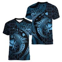 Aloha Hawaii Hammerhead Shark Women V-Neck T-Shirt Blue Kakau and Polynesian Tattoo LT03