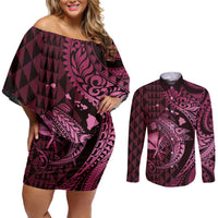Aloha Hawaii Hammerhead Shark Couples Matching Off Shoulder Short Dress and Long Sleeve Button Shirt Pink Kakau and Polynesian Tattoo LT03