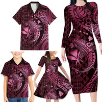 Aloha Hawaii Hammerhead Shark Family Matching Long Sleeve Bodycon Dress and Hawaiian Shirt Pink Kakau and Polynesian Tattoo LT03 - Polynesian Pride