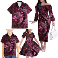 Aloha Hawaii Hammerhead Shark Family Matching Off The Shoulder Long Sleeve Dress and Hawaiian Shirt Pink Kakau and Polynesian Tattoo LT03 - Polynesian Pride