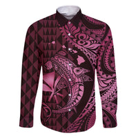 Aloha Hawaii Hammerhead Shark Family Matching Off The Shoulder Long Sleeve Dress and Hawaiian Shirt Pink Kakau and Polynesian Tattoo LT03 Dad's Shirt - Long Sleeve Pink - Polynesian Pride