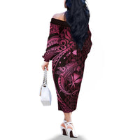 Aloha Hawaii Hammerhead Shark Family Matching Off The Shoulder Long Sleeve Dress and Hawaiian Shirt Pink Kakau and Polynesian Tattoo LT03 - Polynesian Pride