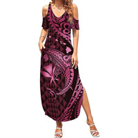 Aloha Hawaii Hammerhead Shark Family Matching Summer Maxi Dress and Hawaiian Shirt Pink Kakau and Polynesian Tattoo LT03 Mom's Dress Pink - Polynesian Pride