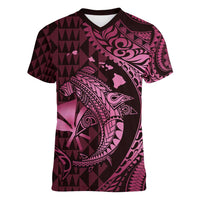 Aloha Hawaii Hammerhead Shark Women V-Neck T-Shirt Pink Kakau and Polynesian Tattoo LT03