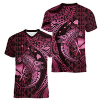 Aloha Hawaii Hammerhead Shark Women V-Neck T-Shirt Pink Kakau and Polynesian Tattoo LT03