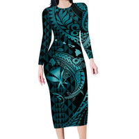 Aloha Hawaii Hammerhead Shark Family Matching Long Sleeve Bodycon Dress and Hawaiian Shirt Turquoise Kakau and Polynesian Tattoo LT03 Mom's Dress Turquoise - Polynesian Pride