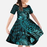Aloha Hawaii Hammerhead Shark Family Matching Mermaid Dress and Hawaiian Shirt Turquoise Kakau and Polynesian Tattoo LT03 Daughter's Dress Turquoise - Polynesian Pride