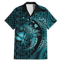 Aloha Hawaii Hammerhead Shark Family Matching Mermaid Dress and Hawaiian Shirt Turquoise Kakau and Polynesian Tattoo LT03 Dad's Shirt - Short Sleeve Turquoise - Polynesian Pride