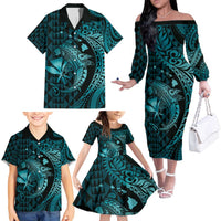 Aloha Hawaii Hammerhead Shark Family Matching Off The Shoulder Long Sleeve Dress and Hawaiian Shirt Turquoise Kakau and Polynesian Tattoo LT03 - Polynesian Pride