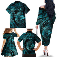 Aloha Hawaii Hammerhead Shark Family Matching Off The Shoulder Long Sleeve Dress and Hawaiian Shirt Turquoise Kakau and Polynesian Tattoo LT03 - Polynesian Pride