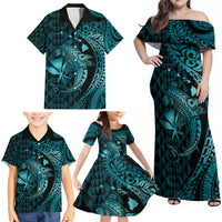 Aloha Hawaii Hammerhead Shark Family Matching Off Shoulder Maxi Dress and Hawaiian Shirt Turquoise Kakau and Polynesian Tattoo LT03 - Polynesian Pride