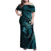 Aloha Hawaii Hammerhead Shark Family Matching Off Shoulder Maxi Dress and Hawaiian Shirt Turquoise Kakau and Polynesian Tattoo LT03 Mom's Dress Turquoise - Polynesian Pride